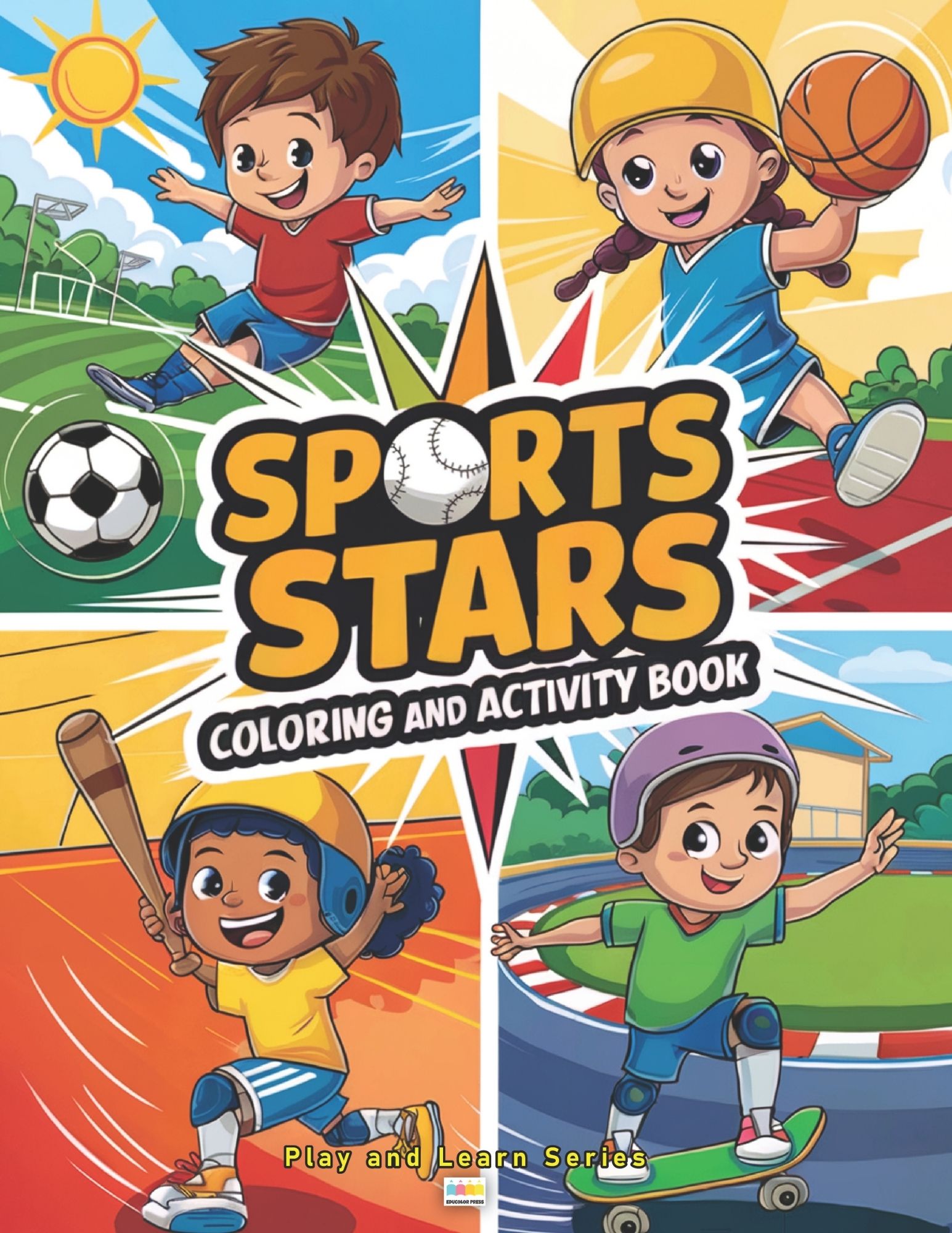 Sports Stars Activity Book cover featuring kids coloring 20 different sports
